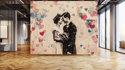 Collage of happy young couple kissing adult bride. Wall mural