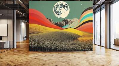 Collage Retro dreamy field astronomy art landscape. Wall mural