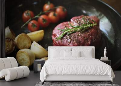 Cooking a fillet steak food photography recipe idea Wall mural