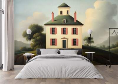 Cute house on hill painting architecture building. Wall mural