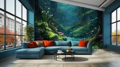 Deep forest vegetation landscape outdoors. Wall mural