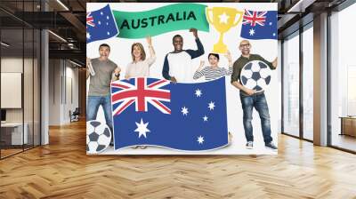 Diverse football fans holding the flag of Australia Wall mural