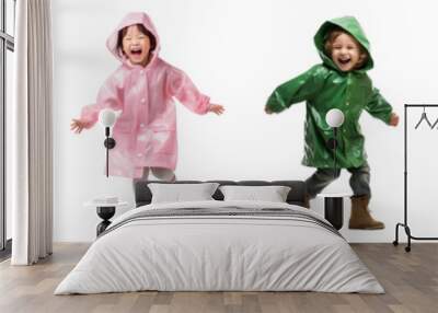 Diverse kids in raincoats png cut out element set Wall mural