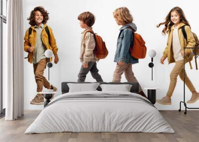 Diverse kids walking full body set Wall mural