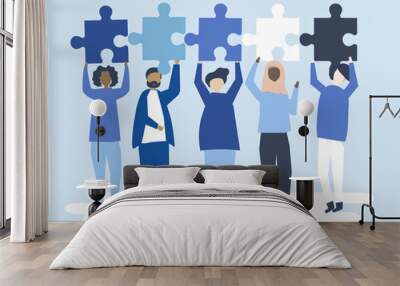 Diverse people holding different puzzle pieces illustration Wall mural