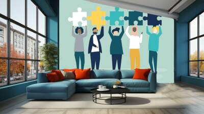 Diverse people holding different puzzle pieces illustration Wall mural