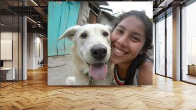 Dog and young mexican girl animal architecture portrait. Wall mural