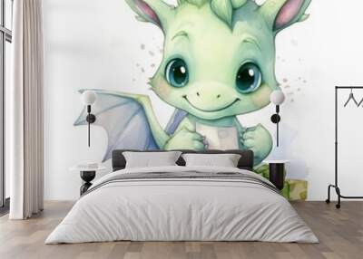 Dragon hugging gift box animal cartoon mammal. Wall mural