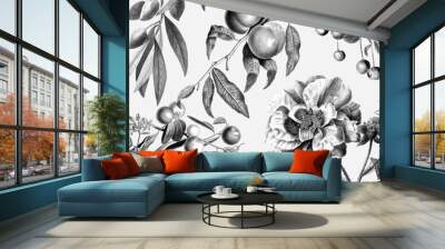 Elegant rose floral pattern black and white fruits vintage illustration Wall mural