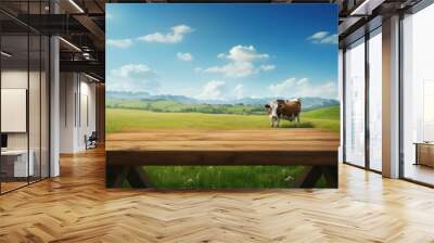 Empty wooden table top grass field cow. Wall mural