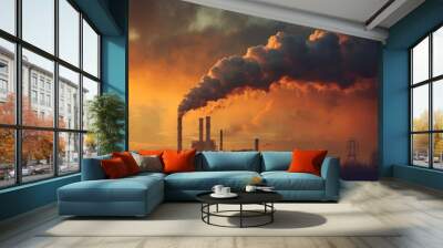 factory emmitting smoke and carbon pollution into the sky architecture outdoors climate change. Wall mural