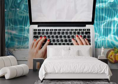 Female Hands Typing Macbook Poolside Concept Wall mural