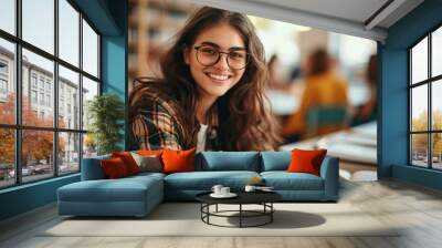 Female student having an exam looking adult smile. Wall mural