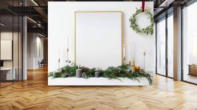 Festive golden photo frame against a white wall Wall mural