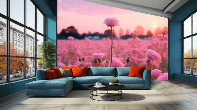 Field of pink rose landscape sky outdoors. Wall mural