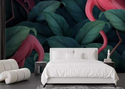 Flamingos on a leafy background Wall mural