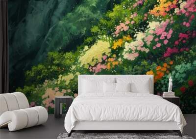 Flower mountain painting green land. Wall mural