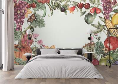 Fresh fruits vegetables vector frame hand-drawn Wall mural