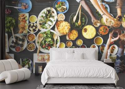 friends happiness enjoying dinning eating concept Wall mural