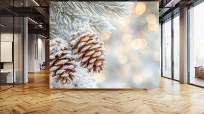 Frosty tree branches with pine cones nature background christmas. Wall mural