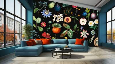 Fruit and flower vintage set hand drawn illustration Wall mural