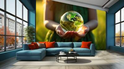 Girl holding a green fluid earth outdoors planet nature. Wall mural