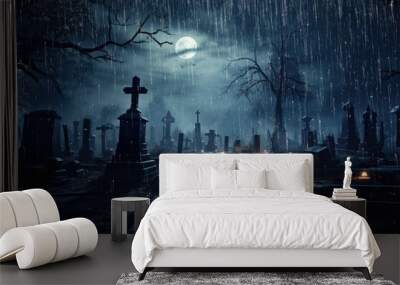 Graveyard at night with rain effect Wall mural