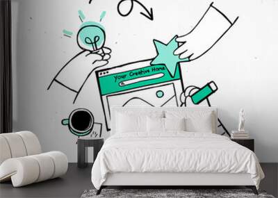 Green hand drawn brainstorming with doodle art design Wall mural