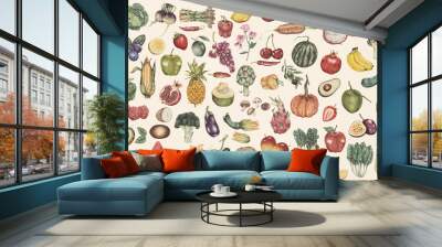 Hand drawn vegetables and fruits patterned background illustration Wall mural