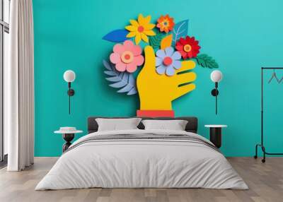 Hands holding paper head flower art plant. Wall mural