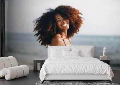 Happy Black woman summer beach smile. Wall mural