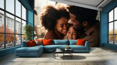 Happy family picture laughing toddler kissing. Wall mural