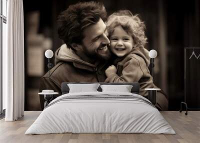 Happy family portrait hugging father. Wall mural