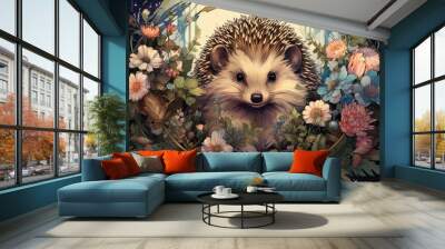 Hedgehog and flowers animal mammal rodent. Wall mural