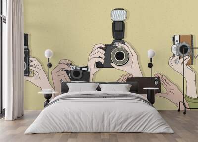 Illustration of people clicking pictures from devices Wall mural