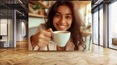 Indian businesswoman drinking smiling coffee smile. Wall mural