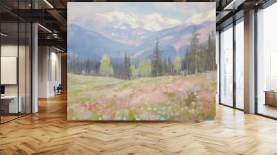 Landscape mountain painting field. Wall mural