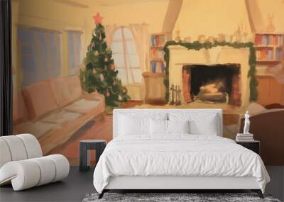 Living room in christmas day architecture fireplace furniture. Wall mural