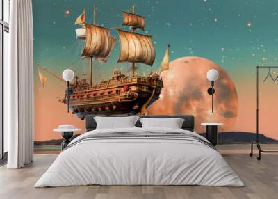 Magical flying ship fantasy remix Wall mural