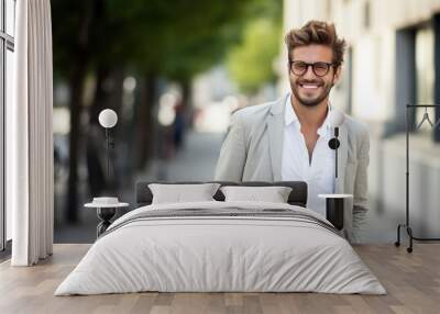 Man glasses smiling blazer. Wall mural