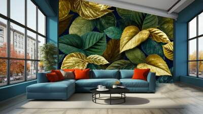 Metallic gold and green leaves textured background Wall mural