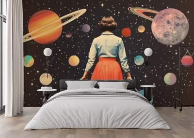 Minimal Collage Retro dreamy of galaxy astronomy universe space. Wall mural