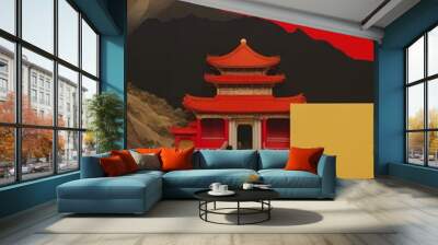 Mixed media collage art represent of traditional chinese cultural landmark person human. Wall mural