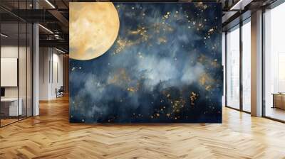 Moon in night sky watercolor background space astronomy outdoors. Wall mural