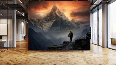 Mountain silhouettes hiking mountain landscape adventure. Wall mural