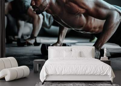 Muscular man weight training with dumbbells wallpaper Wall mural