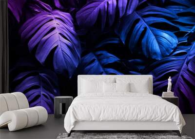 Neon tropical Monstera leaf  banner Wall mural