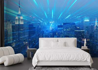 Night buildings photo with digital lights effect Wall mural