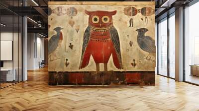 Owl hieroglyphic carvings painting animal bird. Wall mural