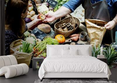 People buying fresh organic vegetable at market Wall mural